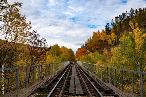 bridge, railway, autumn, clouds