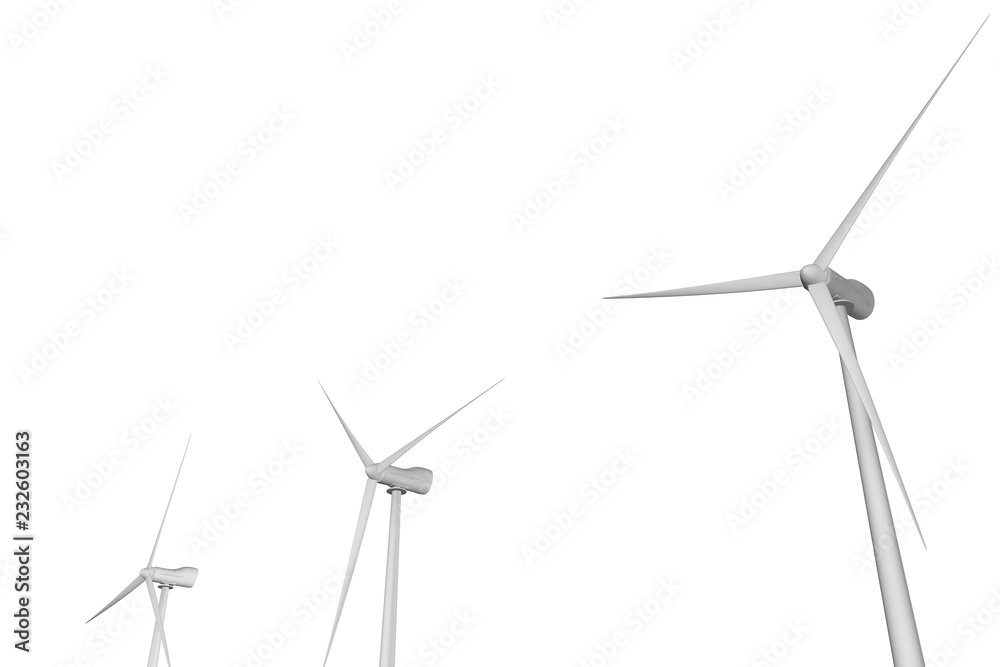 3 wind turbines with different angles of rotation - perspective view isolated on white background - eco power industrial illustration, 3D illustration 3 wind turbines with different angles of rotation - perspective view isolated on white background - eco power industrial illustration, 3D illustration