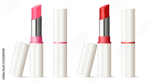 Trendy lipstick mock up set. Vector illustration. Sexy red and pink color. 3d Makeup cosmetic ads.