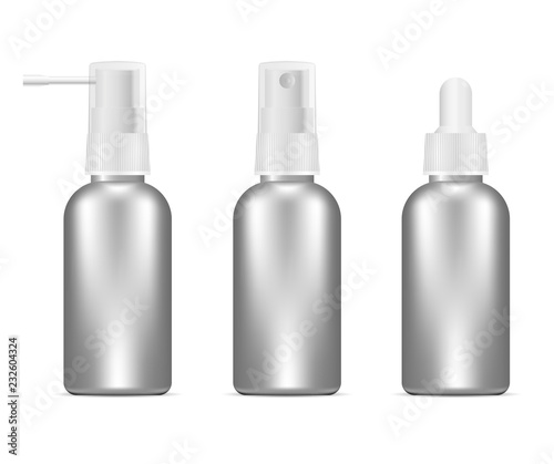 Silver bottles set for cosmetics or medical needs. Sprayer and dropper jars with white caps.