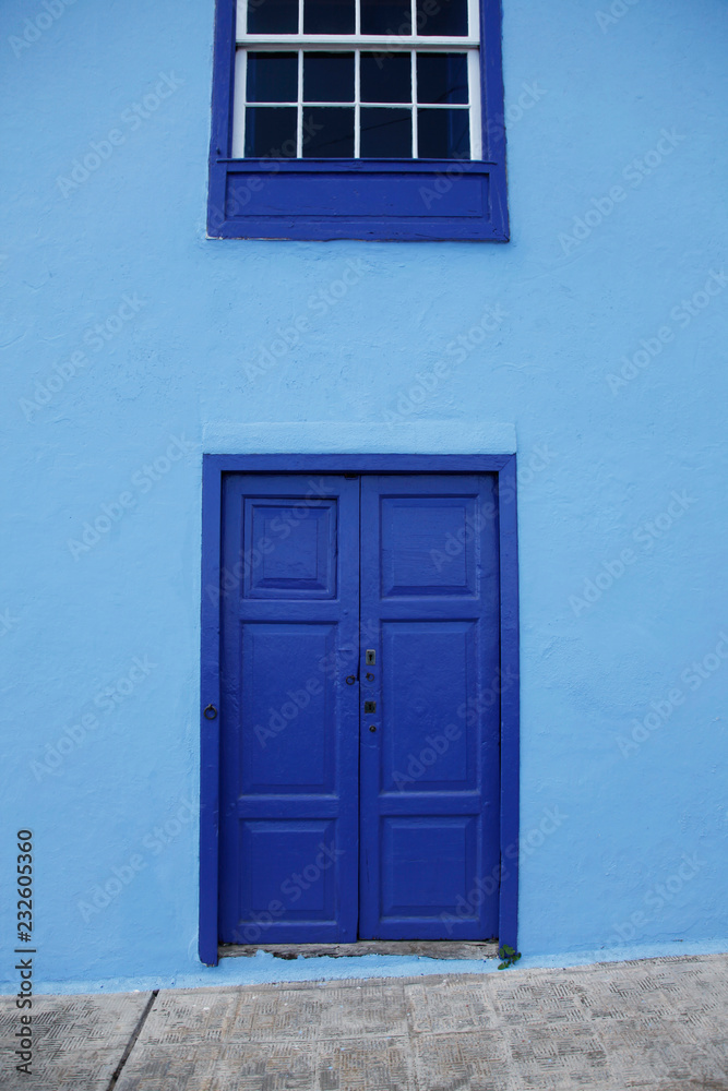 blue door, blue wall blue door, blue wall