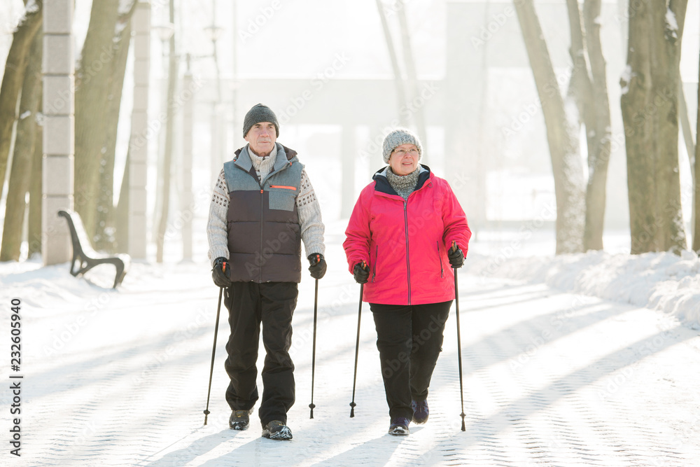 Senior couple walking with nordic walking poles in winter park. Mature woman and old man doing exercise outdoors. Healthy lifestyle concept.