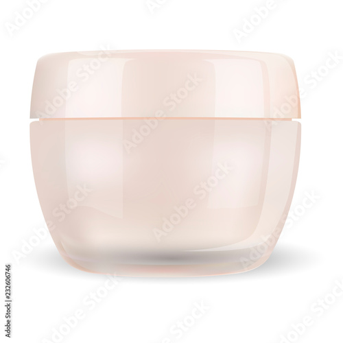 Rose glass cream jar isolated on white background. Cosmetic bottle for cream, gel with lid. Beauty product package, HQ vector illustration.