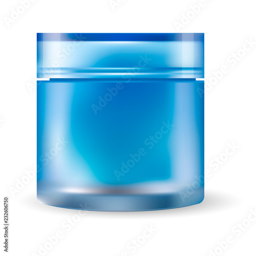 Blue glass cream jar isolated on white background. Cosmetic plastic bottle for cream, gel with lid. Beauty product package, HQ vector illustration.