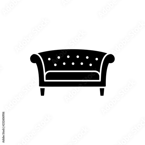 Fototapeta Naklejka Na Ścianę i Meble -  Black & white vector illustration of chesterfield sofa. Flat icon of settee. Vintage home & office furniture. Isolated object