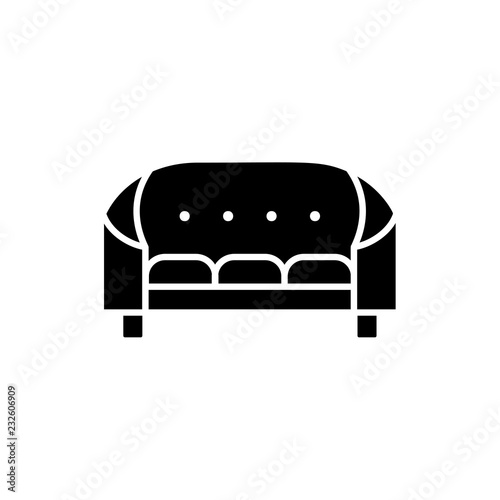 Black & white vector illustration of cabriole. Tufted vintage sofa. Flat icon of settee. Retro home & office furniture. Isolated object