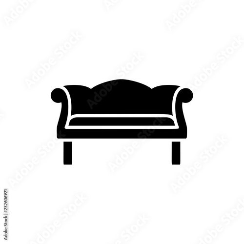 Black & white vector illustration of camelback sofa. Flat icon of settee. Vintage home & office furniture. Isolated object