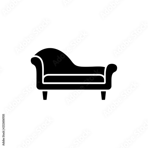 Black & white vector illustration of chaise lounge sofa. Flat icon of settee. Modern home & office furniture. Isolated object