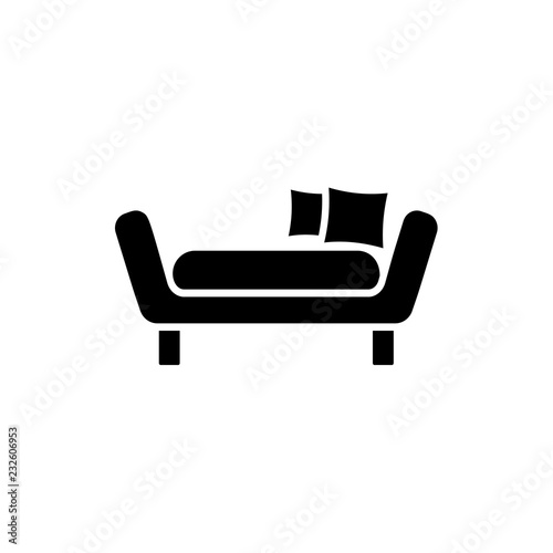 Black & white vector illustration of daybed with pillows. Comfortable sofa. Flat icon of settee. Modern home & office furniture. Isolated object
