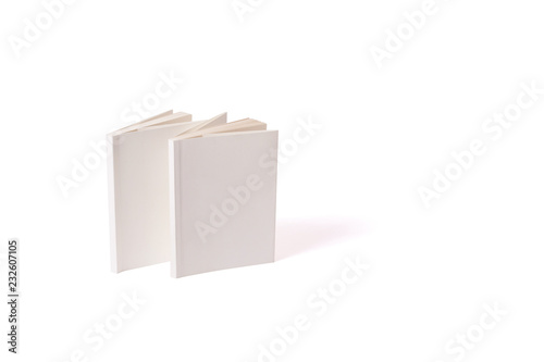 Two small white paperbacks stand on a white surface on the left. Can be used for mock-ups. Back of a books. Book cover. Standing opened mockup book. Side view.
