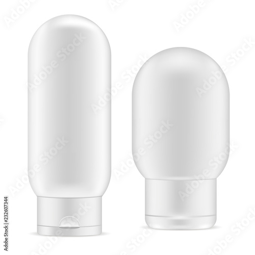 White realistic cosmetic product bottles for shampoo, gel, liquid soap, milk and other skin care products. HQ EPS10 vrctor mockup set.