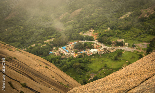 Aerial view of Temple at Savanadurga Hill station between the two mountains. photo