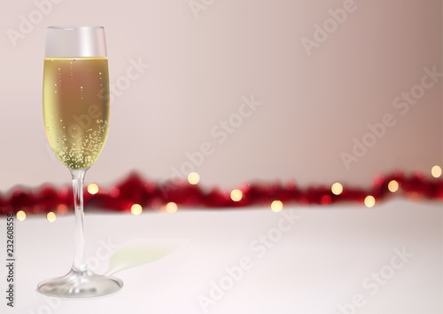 Festive Background with Champagne Glass and Defocused Christmas Chain with Bo...