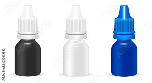 Set of different color medicine dropper bottles. Blank plastic eyedropper containers. HQ EPS10 vector mockup.