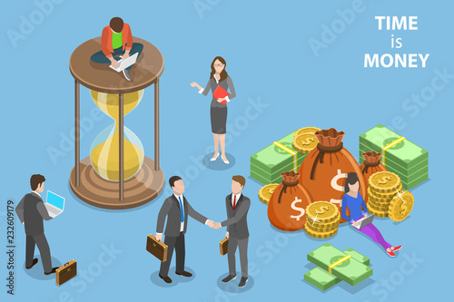 Flat isometric vector concept of time is money, income growth, roi, financial investments, time management and planning.