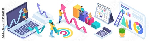 Isometric set of entrepreneurs in the process of work, diagrams, analytics and reports. Icons for creating advertising concepts and web banners