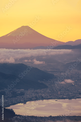 Dawning with lake suwa  mt fuji at yatsugatake on vertical position