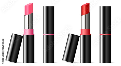 Trendy lipstick mock up set with black caps. Vector illustration. Sexy red and pink color. 3d Makeup cosmetic ads.