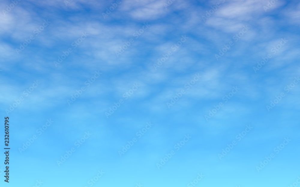 The bright sky in the morning. Blue sky background with white clouds. Cumulus white clouds in the clear blue sky. 3D illustration