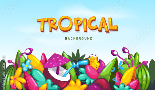 Tropical summer border background. Vector cartoon fantasy illustration of coconut and plants