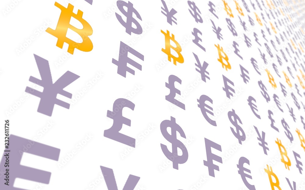 Bitcoin and currency on a white background. Digital Cryptocurrency symbol. Business concept. Market Display. 3D illustration Bitcoin and currency on a white background. Digital Cryptocurrency symbol. Business concept. Market Display. 3D illustration