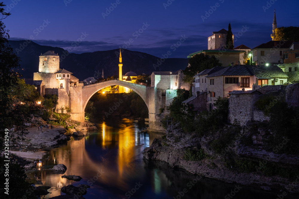 City view of Mostar Bosnia, Featuring the restored Stari Most (new bridge) at dusk