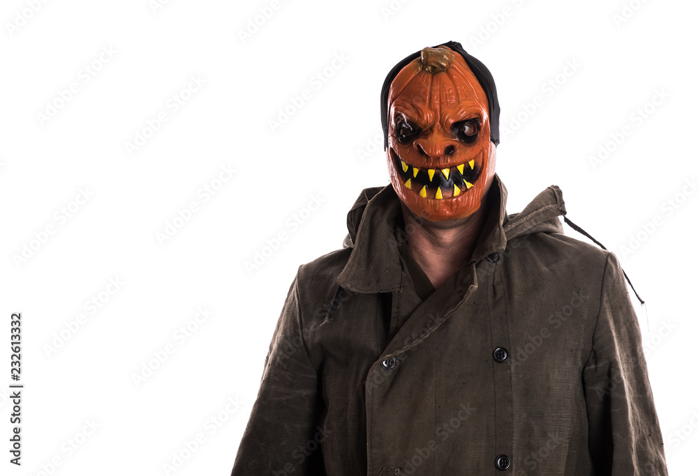 evil man in a scary mask on white background evil man in a scary mask on white background
