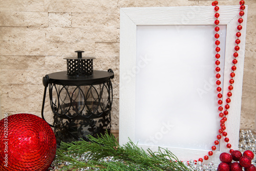 Red sparkling Christmas ball with pailletes and black lantern, mock-up.