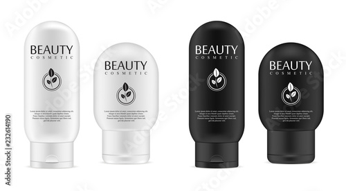 Black and white cosmetic bottles set for shampoo, gel, liquid soap, hair mask, oil. Vector illustration mockup.