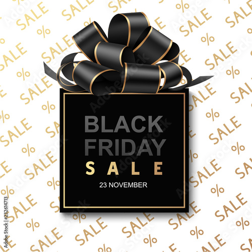 Black friday sale design template. Abstract black gift box with sale text and black bow. Vector illustration.