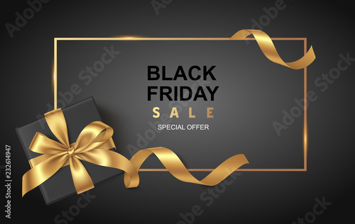 Black friday sale design template. Decorative black gift box with golden bow and long ribbon. Vector illustration