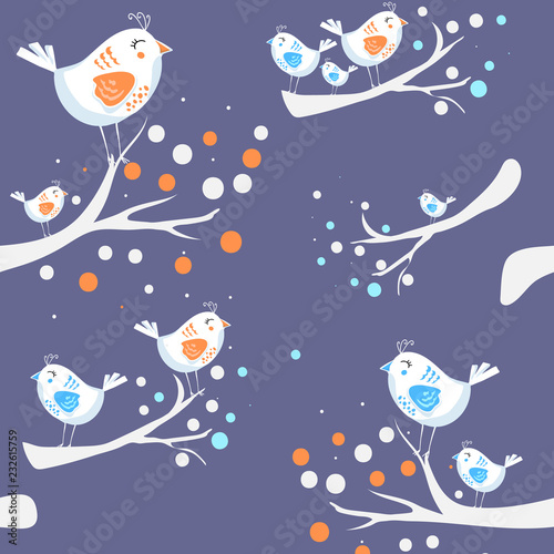 vector. Colorful doodle bird seamless pattern. flat hand drawn birds. Cute background for textile print, wrapping paper, wall art design. the birds are sitting on the branches. purple white orange blu