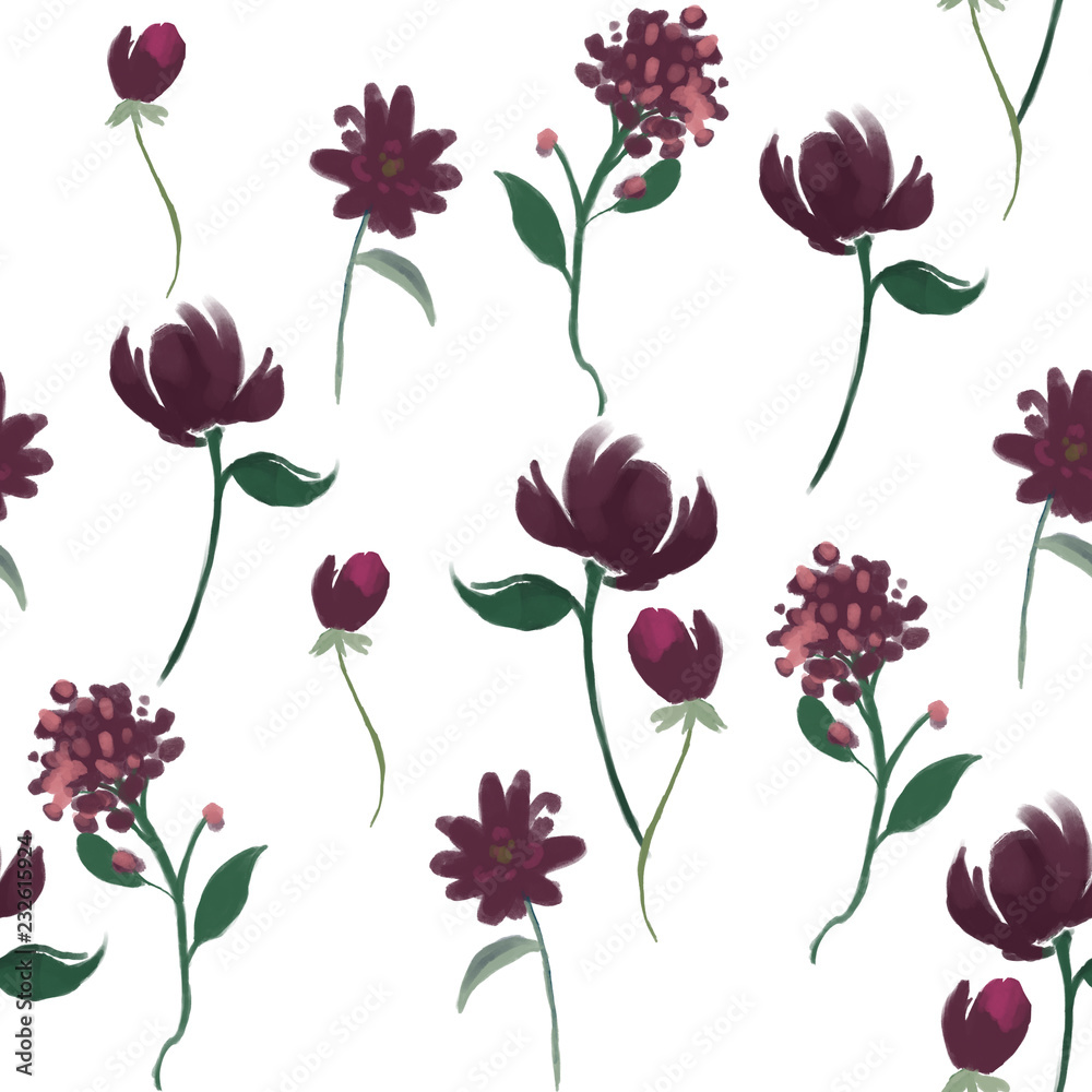 Seamless pattern with pink burgundy marsala flowers and leaves