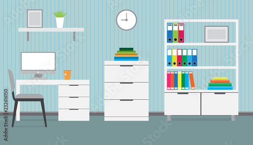 Flat design of modern workspace  office interior  vector illustration