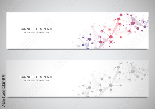 Vector banners and headers for site with molecules background and neural network. Genetic engineering or laboratory research. Abstract geometric texture for medical, science and technology design.