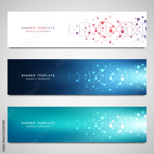 Vector banners and headers for site with DNA strand and molecular structure. Genetic engineering or laboratory research. Abstract geometric texture for medical, science and technology design.