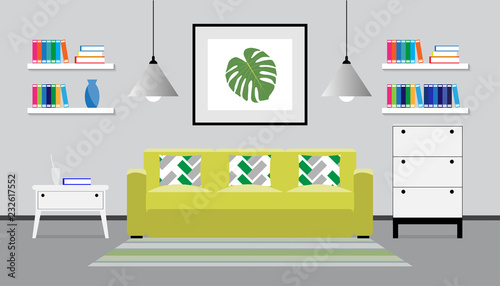 Flat design of living room interior with sofa, pillows, book, picture flame and carpet, vector illustration