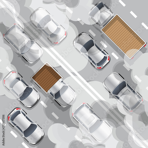 Road traffic. Air pollution. Vector illustration. Air pollution. 