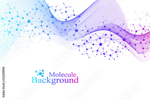 Scientific vector illustration genetic engineering and gene manipulation concept. DNA helix, DNA strand, molecule or atom, neurons. Abstract structure for Science or medical background. Wave flow