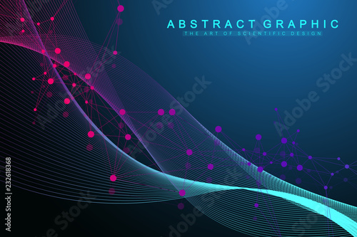 Geometric abstract background with connected lines and dots. Wave flow. Molecule and communication background. Graphic background for your design. Vector illustration