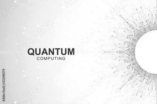 Quantum computer technology concept. Deep learning artificial intelligence. Big data algorithms visualization for business, science, technology. Waves flow, dots, lines. Quantum vector illustration