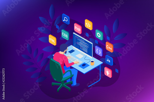 Isometric Developing programming and coding technologies. Website design. Vector illustration