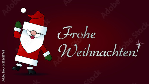 Frohe Weichnachten mit niedlichem winkendem Weihnachstmann Cartoon rot Kontur