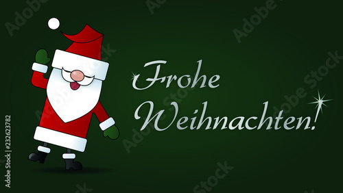 Frohe Weichnachten mit niedlichem winkendem Weihnachstmann Cartoon grün Kontur