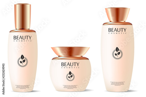 Cosmetic bottles set for skin and body care products. Mock up set for brand template. Cosmetic package collection for cream, soups, foams, shampoo, glue. Vector illustration.
