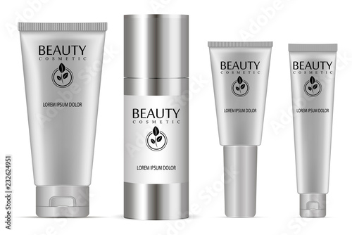 Cosmetic tubes set. Vector illustration of realistic packages of peeling gel, bb cream, ointment, base and other skin kare products.
