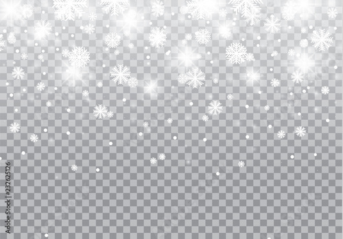 Stock vector illustration falling snow. Snowflakes, snowfall. Transparent background. Fall of snow.