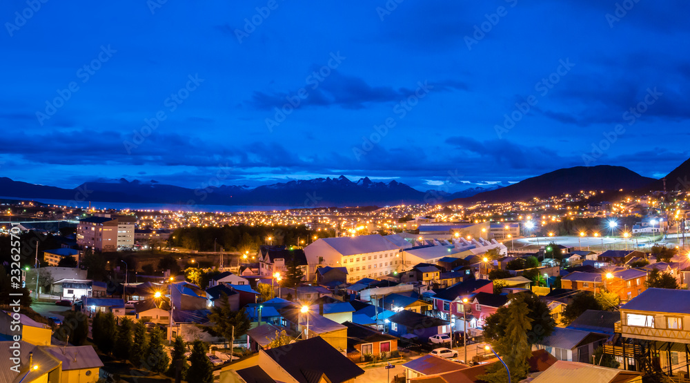 Night view of city of Ushuaia and Beagle Channel, Terra del Fuego, Patagonia, Argentina