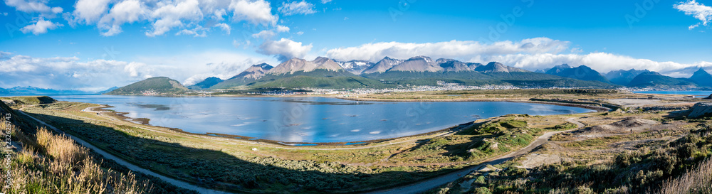 Skyline of Ushuaia with Martial mountains and Beagle Channel, Terra del Fuego, Patagonia, Argentina