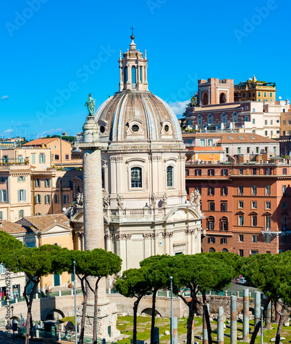 Trajan's Column (Colonna Traiana) and SS Nome di Maria church in Rome, Italy